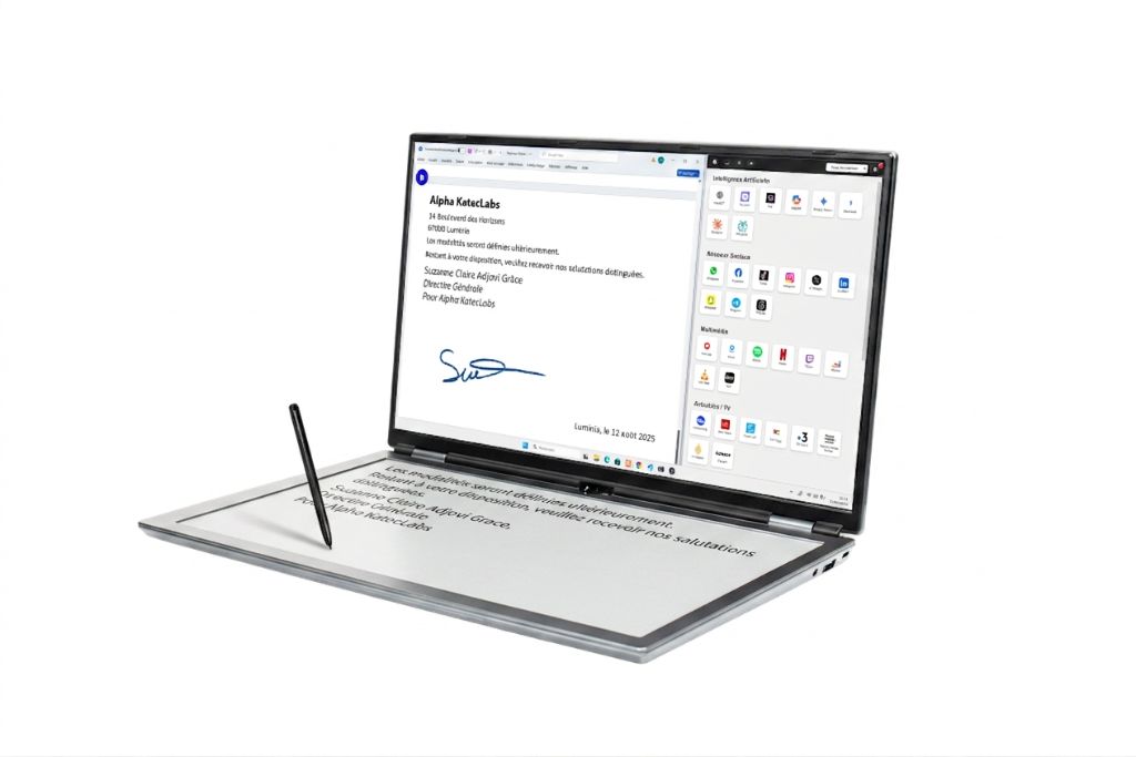 ZEP-X PC·1 — laptop aluminium argent, écran couleur HD KA SOFT et plateau e-ink pour la signature au stylet