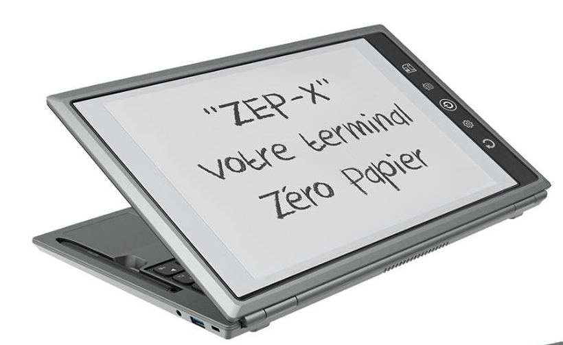 ZEP-X PC·2 — PC 3 écrans, couvercle e-ink affichant « ZEP-X, votre terminal Zéro Papier » en manuscrit