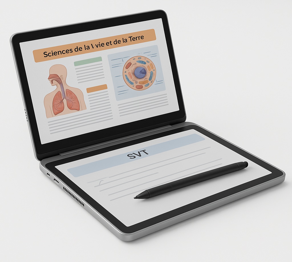 ZEP-X PC·4 — laptop double écran : cours de SVT en couleur HD en haut, cahier e-ink ligné avec stylet en bas