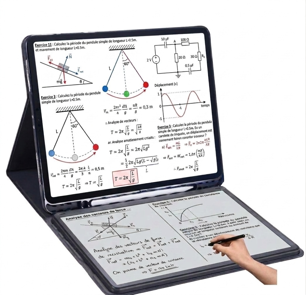 ZEP-X Tab·6 — folio cuir noir grand format : exercices de physique en couleur HD en haut, formules manuscrites e-ink en bas