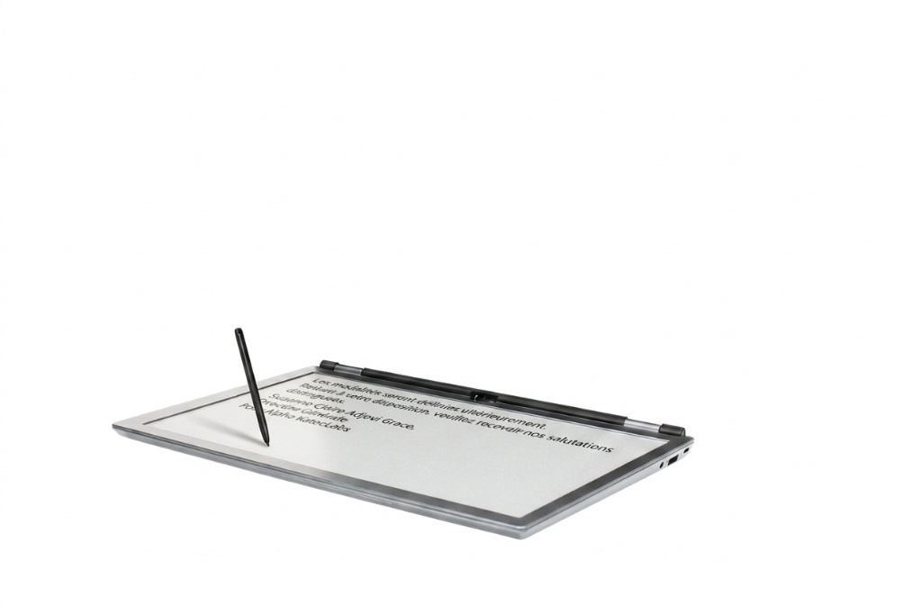 ZEP-X Tab·7 — grande dalle e-paper 15" paysage affichant une lettre manuscrite signée