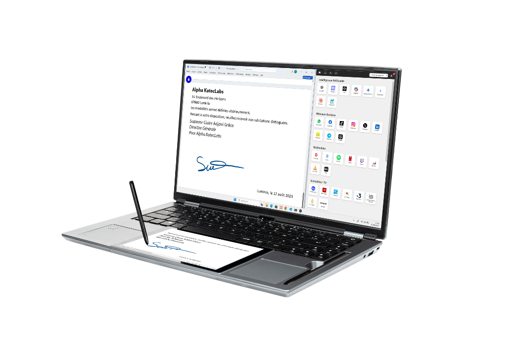 ZEP-X Tab·8 — laptop aluminium argent, clavier physique et écran e-ink repose-poignet avec signature au stylet